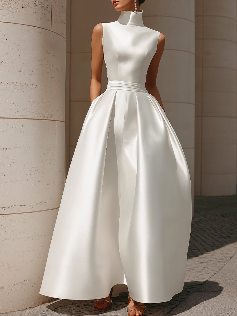 White Ethereal High-Neck Sleeveless Satin A-Line Evening Gown