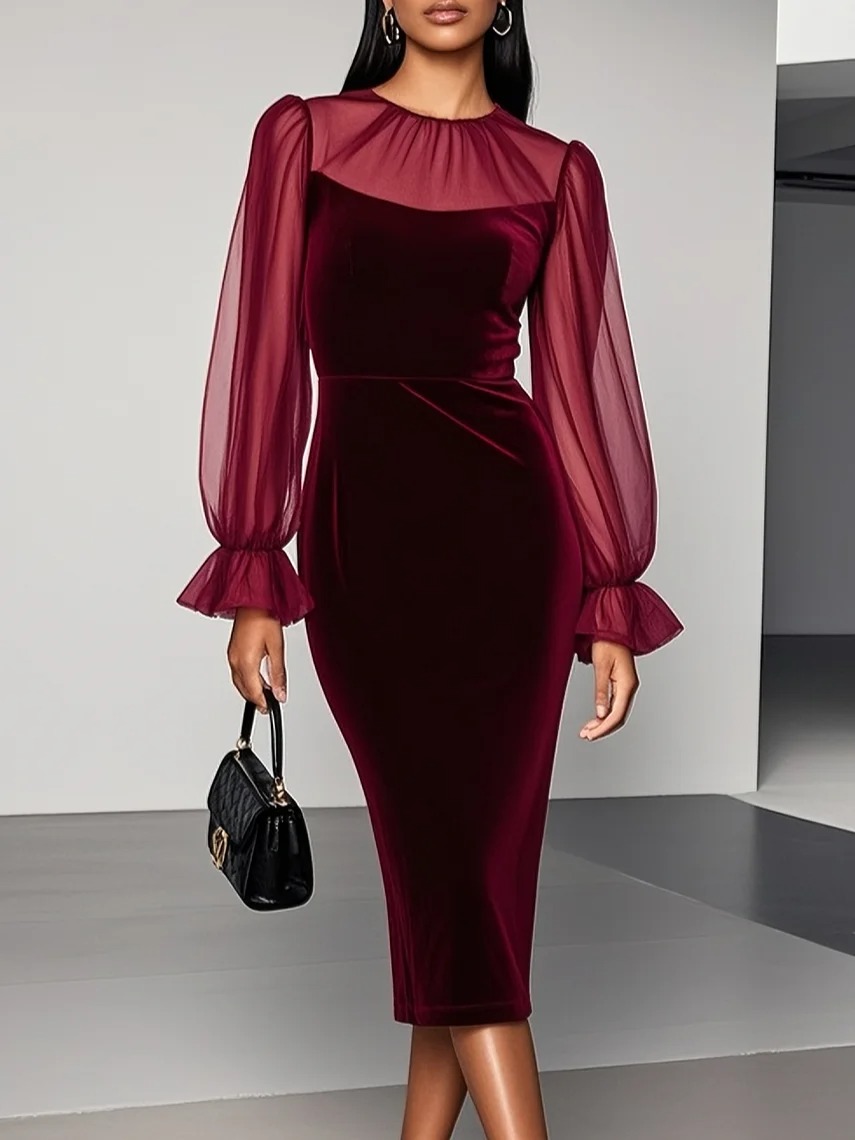 Wine Red Mesh Velvet Crew Neck Long Sleeve Bell Sleeve Sheath Midi Dress