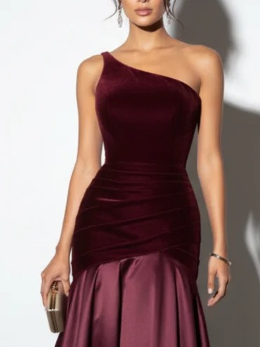 Burgundy Ruched Split Joint Velvet One Shoulder Sleeveless A-Line Gown Dress