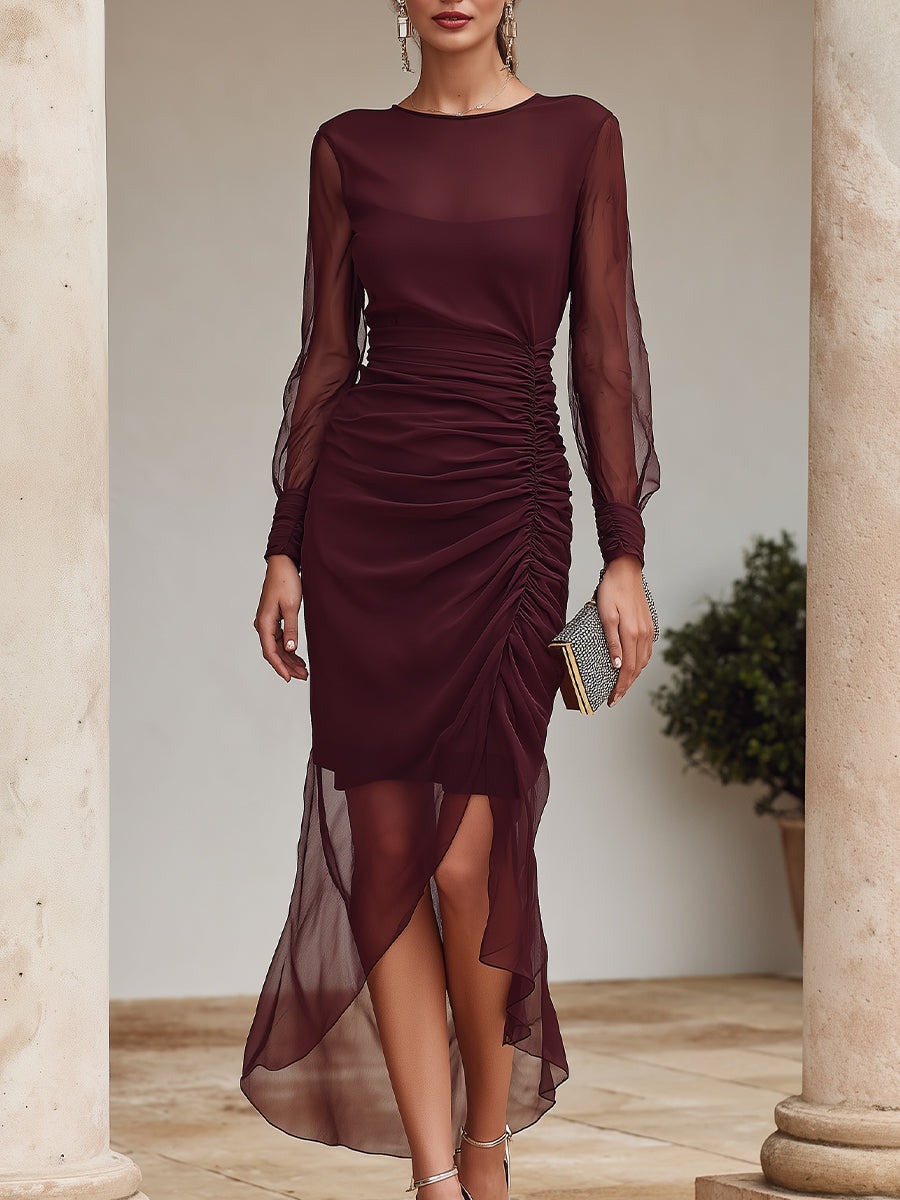 Burgundy Ruched Sheer Long Sleeve Asymmetric Midi Dress