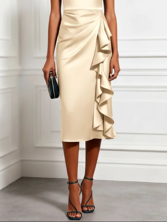 Apricot Ruffled Satin Boat Neck Sleeveless Sheath Midi Dress