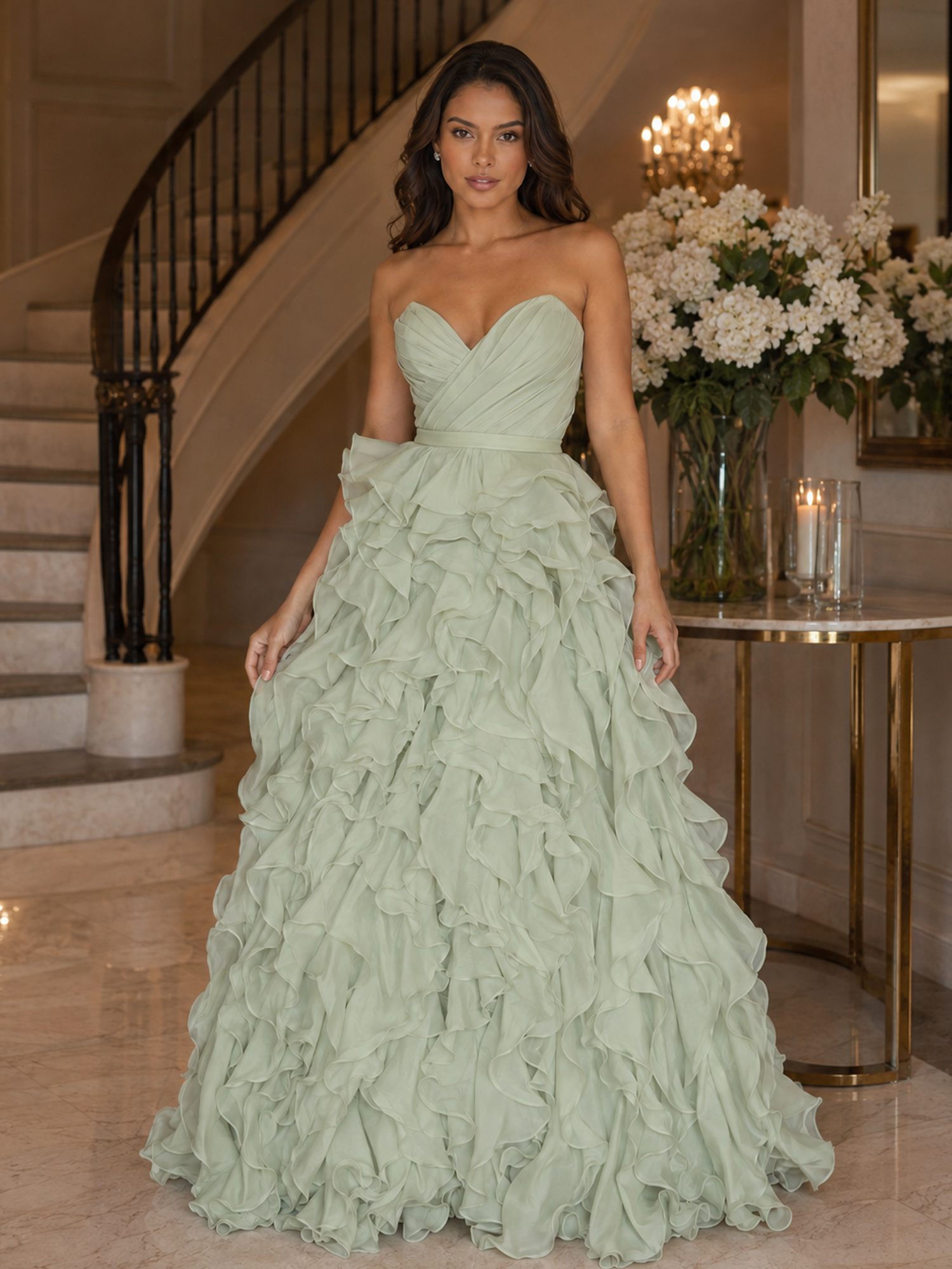 Enchanting Strapless Ruffled Tiered Long Gown