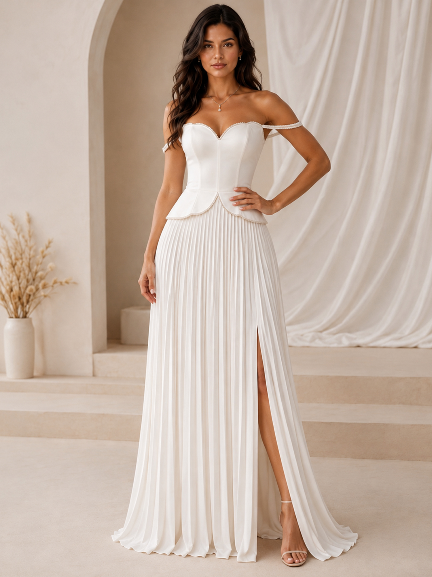 Off-Shoulder Beaded Peplum Pleated Evening Gown
