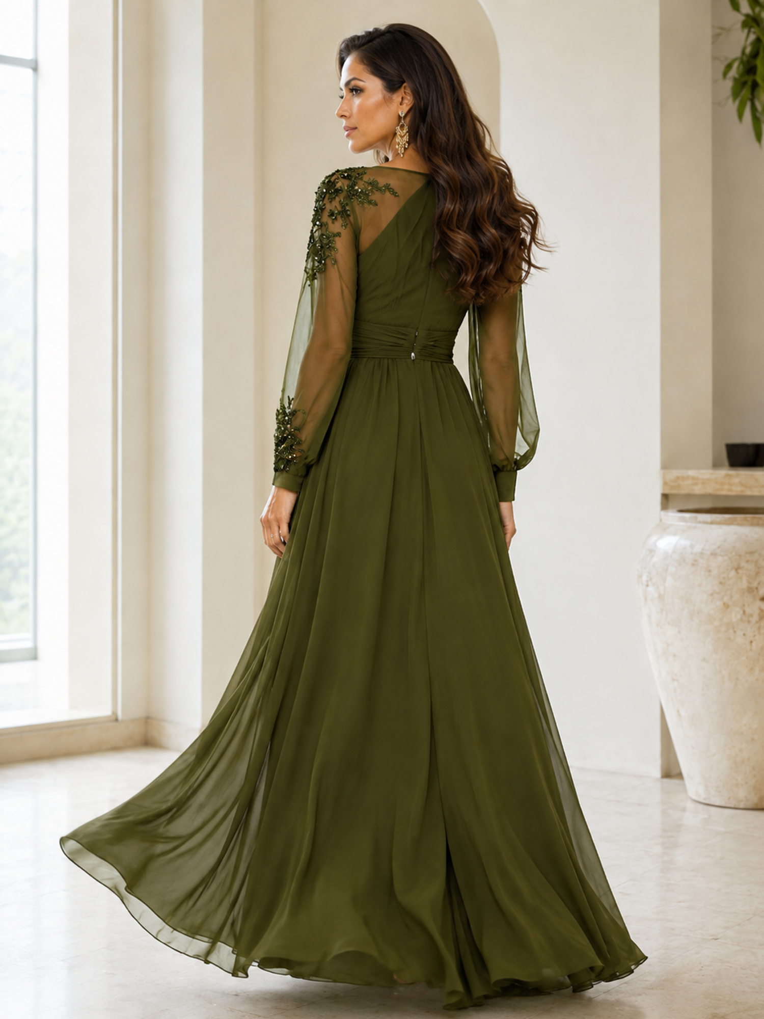 Sheer Mesh Beaded Sleeve One Shoulder Chiffon Evening Gown