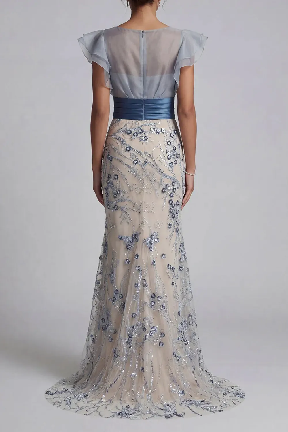 Champagne Sheer Ruffled Sleeve Mermaid Dress