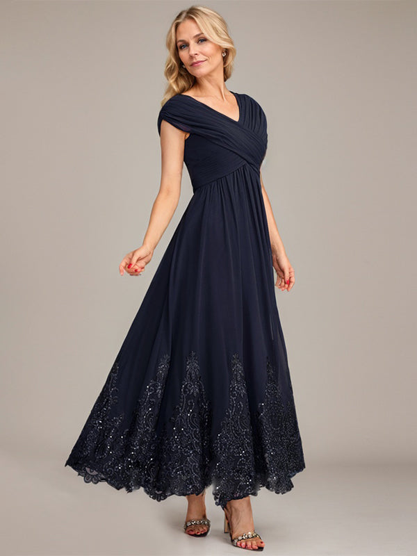 A-line V-Neck Ankle-Length Chiffon Mother of the Bride Dress With Applique Sequins