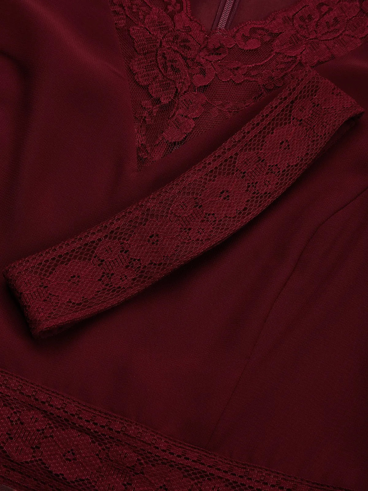 Wine Red Lace Floral Satin V Neck Short Sleeve A-Line Maxi Dress