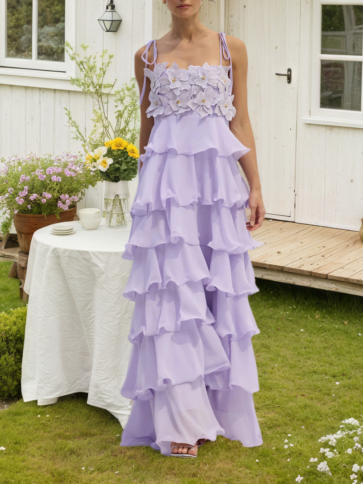 Embroidered Chiffon Ruffle Maxi Dress