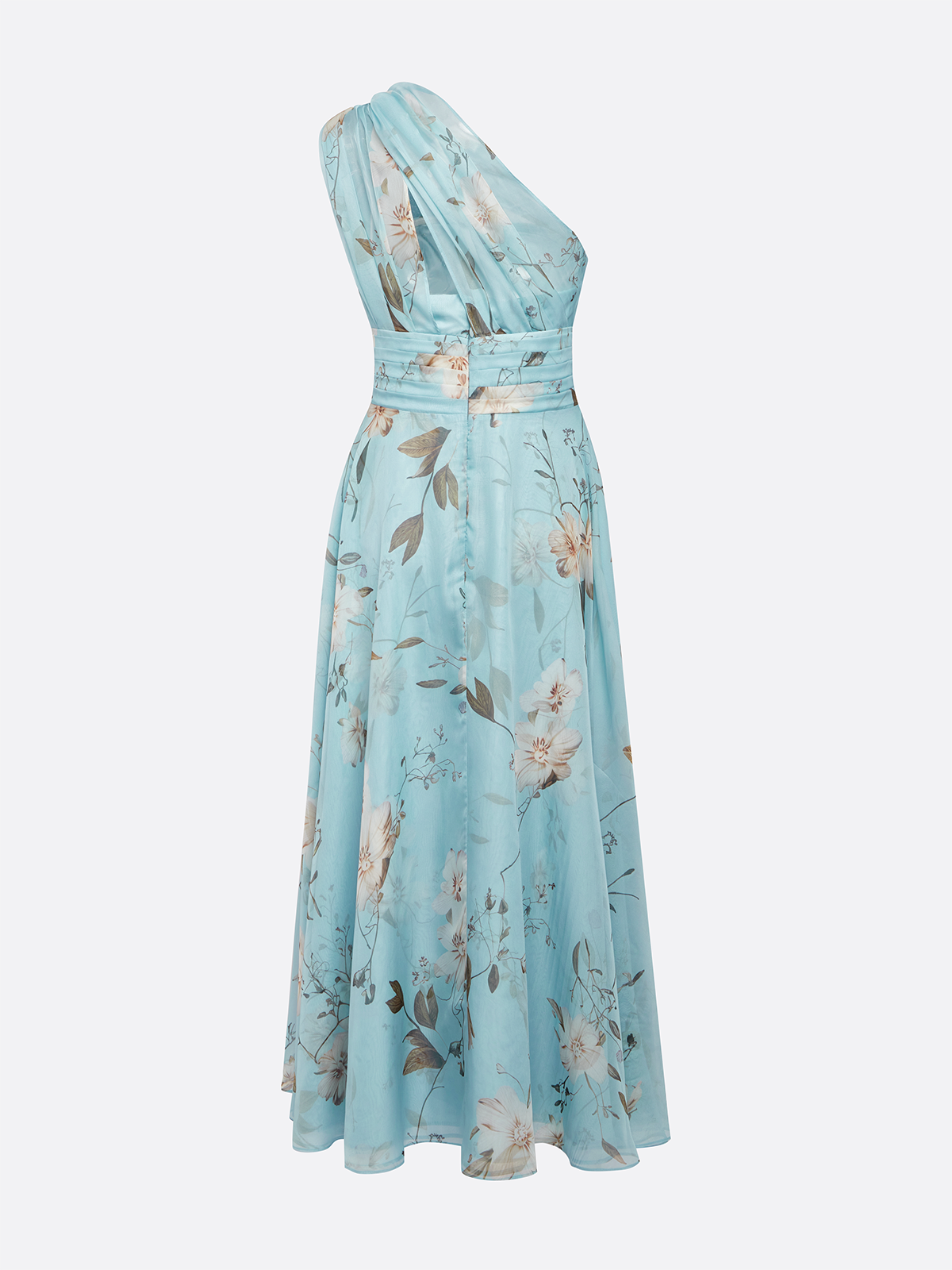Light Blue Floral Ruched Chiffon One Shoulder Sleeveless A Line Maxi Dress