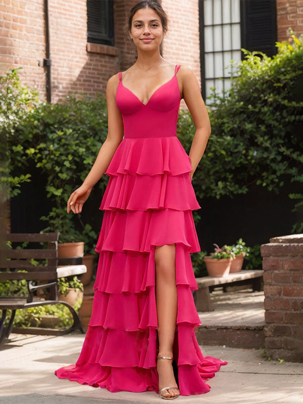 Yellow A Line V-Neck Ruffled Tiered Chiffon Prom Dress with Slit