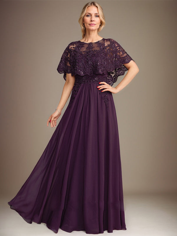A-line Boat Neck Floor-Length Lace Chiffon Mother of the Bride Dress With Applique Sequins