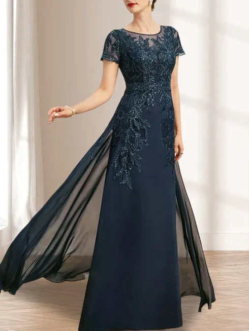 Sheath/Column Scoop Illusion Floor-Length Lace Chiffon Mother of the Bride Dress With Sequins