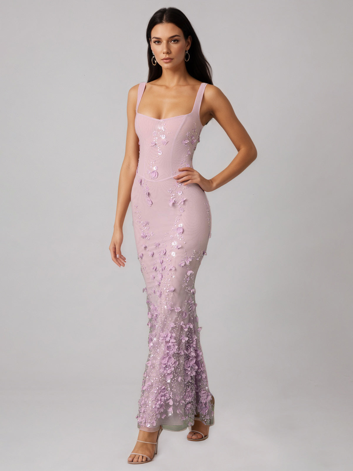 Lilac Square Neck Embellished Fishtail Corset Dress