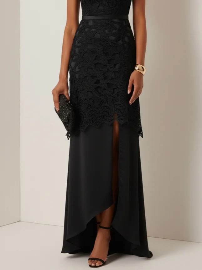 Black Lace Split Joint Classic Boat Neck Sleeveless Mermaid Gown Dress