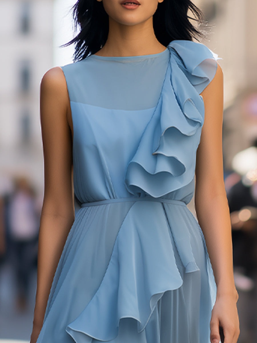 Blue Elegant Dusty Blue Ruffled Asymmetrical Chiffon Maxi Dress