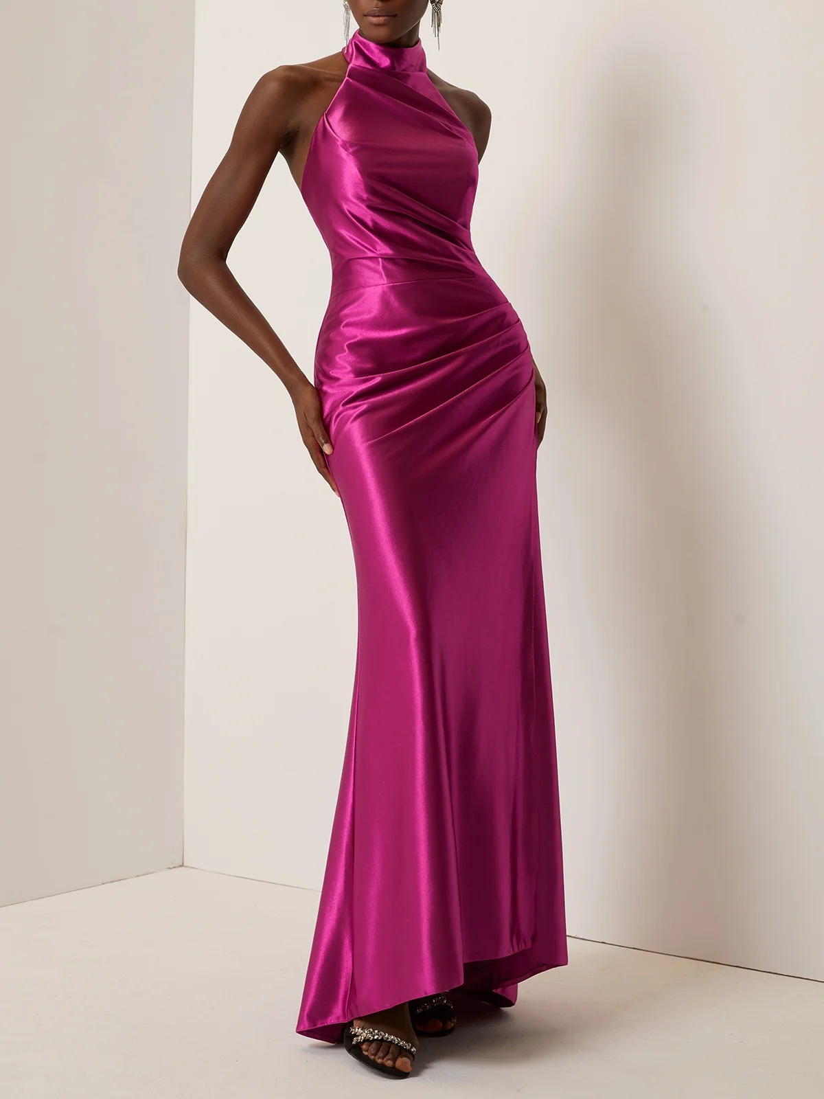 Rose Red Halter Neck Ruched Satin Mock Neck Sleeveless Sheath Gown Dress