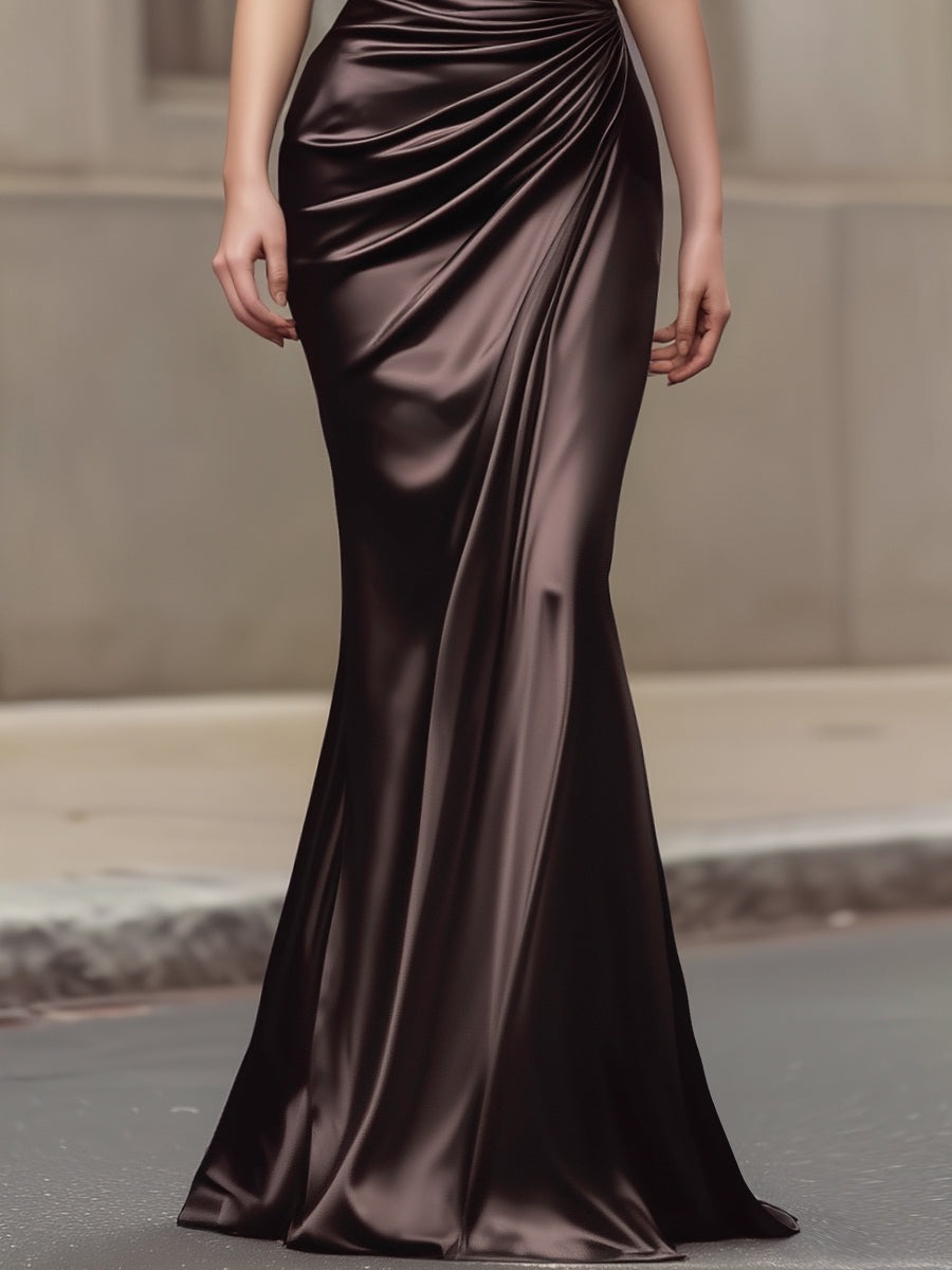 Brown Halter Neck Draped Satin Column Maxi Dress
