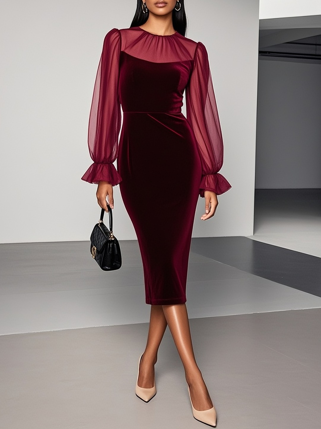 Wine Red Mesh Velvet Crew Neck Long Sleeve Bell Sleeve Sheath Midi Dress