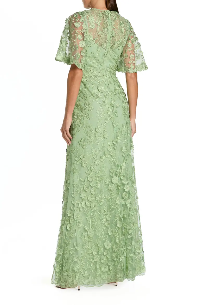 Elegant Floral Embroidered Evening Gown with Flutter Sleeves