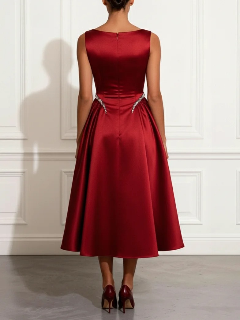 Wine Red Rhinestone Ruched Satin Boat Neck Sleeveless A-Line Midi Dress