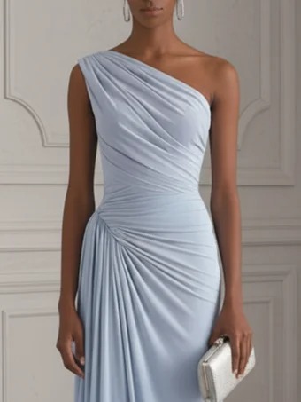 Light Blue Ruched Knit One Shoulder Sleeveless Bodycon Gown Dress