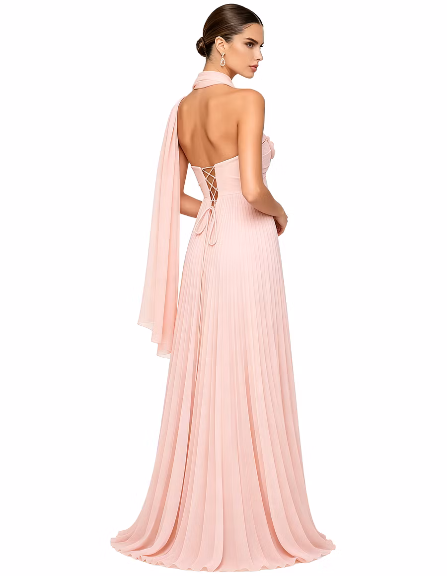 Floral Applique Chiffon Pleated Trailing Drape Maxi Dress