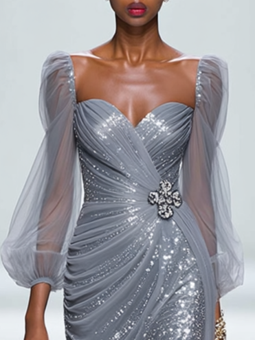 Silver Gray Buckle Glitter Sequin Sweetheart Neckline Long Sleeve Sheath Maxi Dress