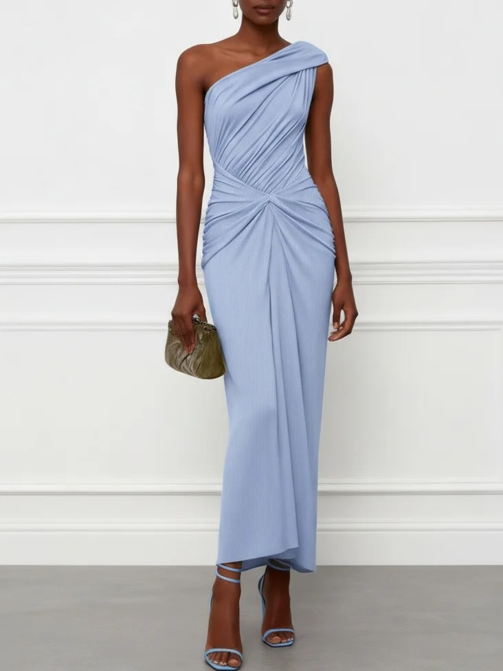 Light Blue Gathered Knit One Shoulder Sleeveless Bodycon Maxi Dress