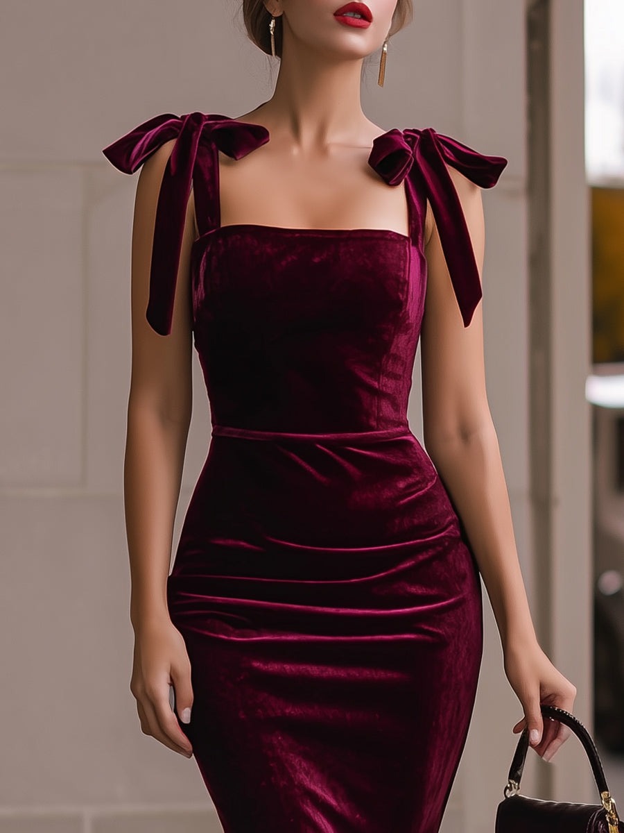 Burgundy luxury Burgundy Velvet Tie-Shoulder Midi Dress