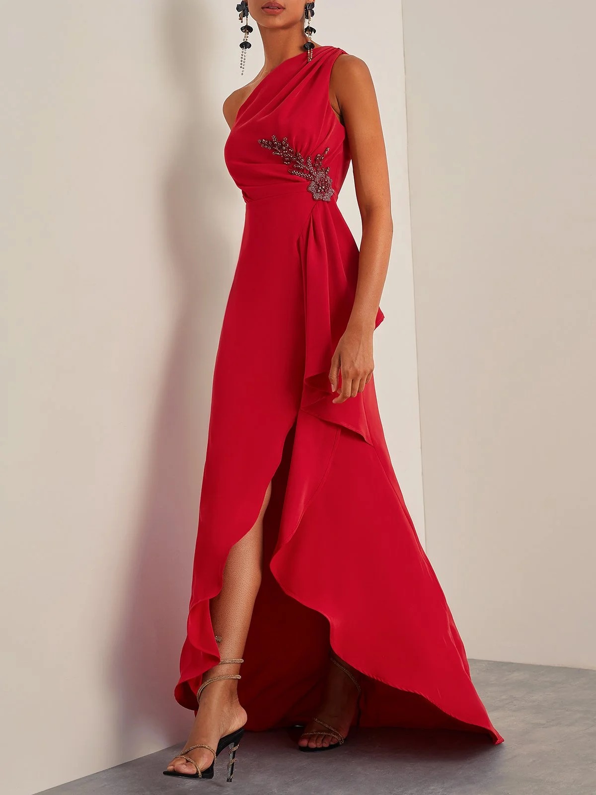 Red Beaded One Shoulder Sleeveless Slit Sheath Gown Dress