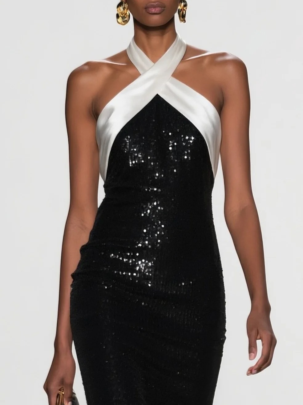 Black Sequin Halter Sleeveless Sheath Maxi Dress