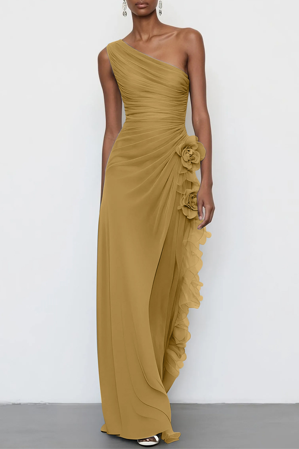 Light Blue 3D Floral Chiffon One Shoulder Sleeveless Sheath Maxi Dress