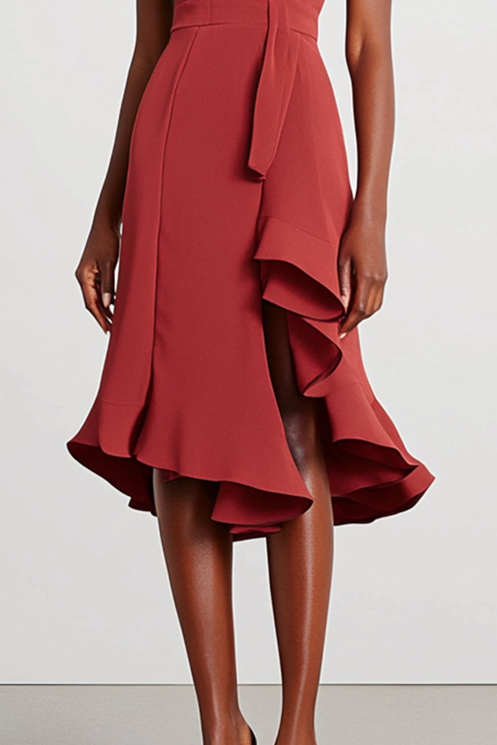 Work Dress Red Asymmetrical Hem Crew Neck Sleeveless Midi Dress