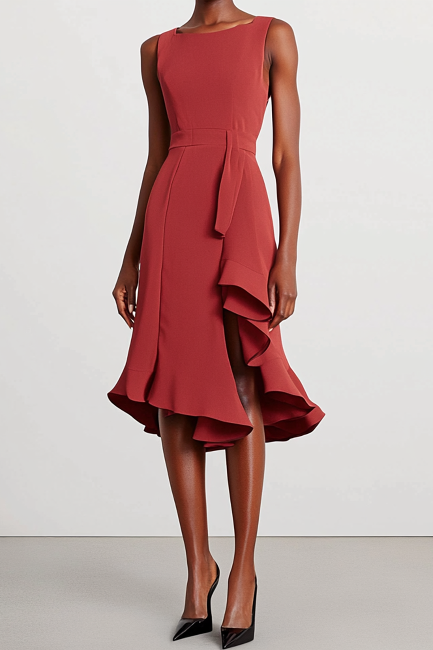 Work Dress Red Asymmetrical Hem Crew Neck Sleeveless Midi Dress