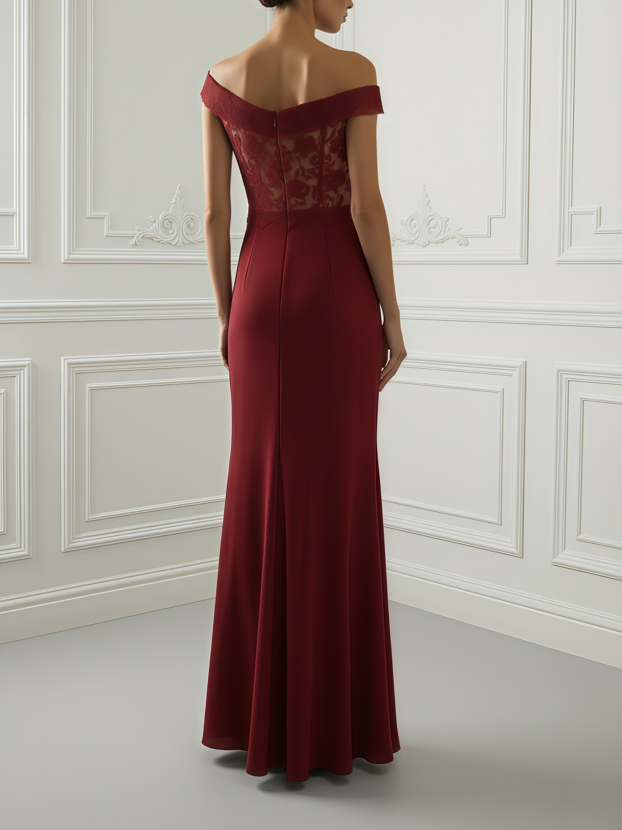 Burgundy Lace Classic Off The Shoulder Sleeveless Sheath Maxi Dress