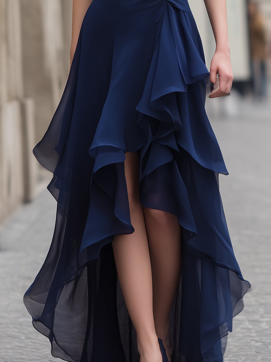 Navy Blue Spaghetti Strap Asymmetric Ruffle High-Low Evening Dress