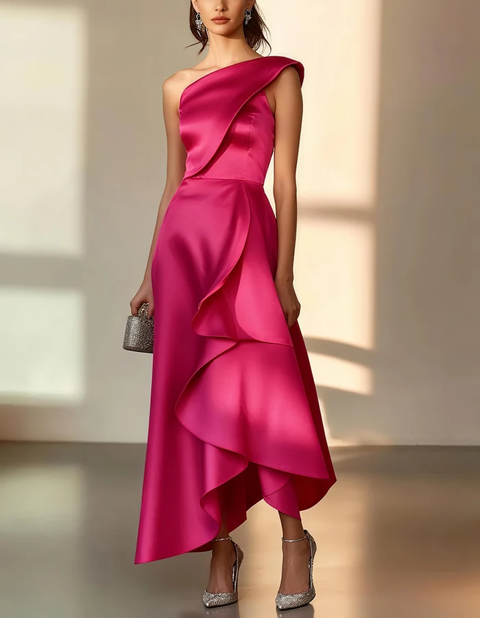One-Shoulder Ruffle-Trim Satin Evening Gown