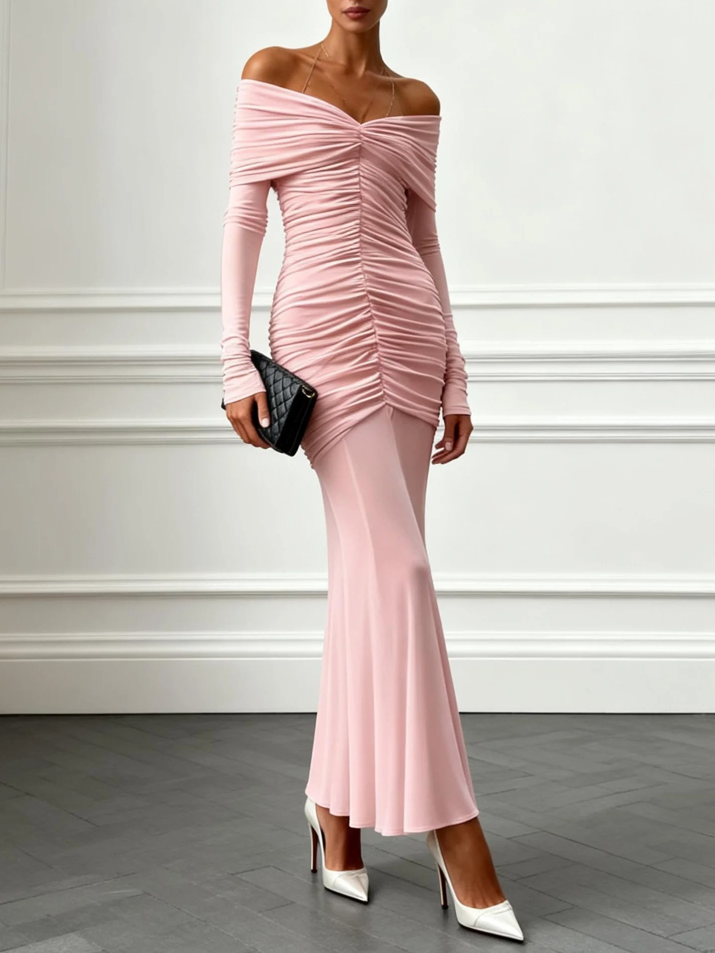 Pink Ruched Split Joint Knit Off The Shoulder Long Sleeve Mermaid Maxi Dress
