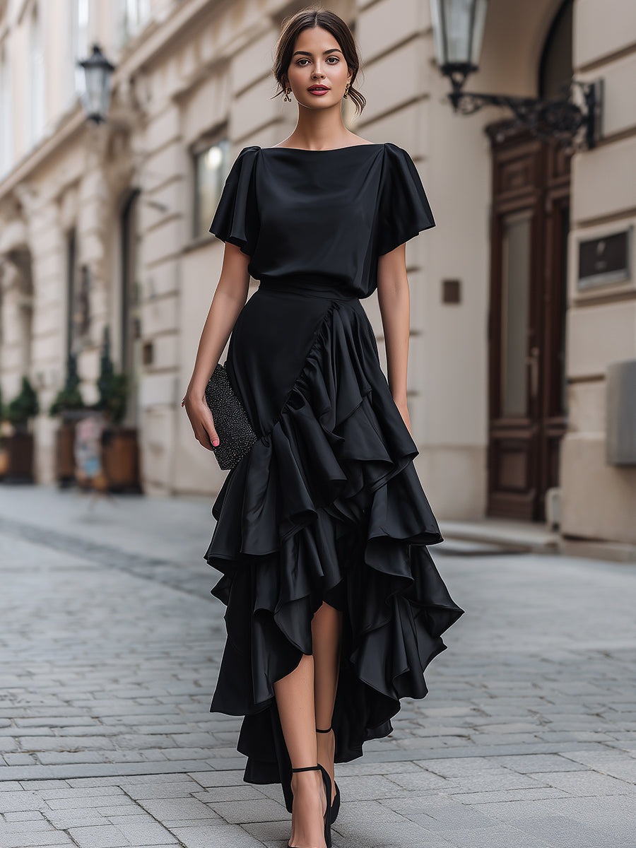 Black Short Sleeve Asymmetric Ruffle Midi Dress