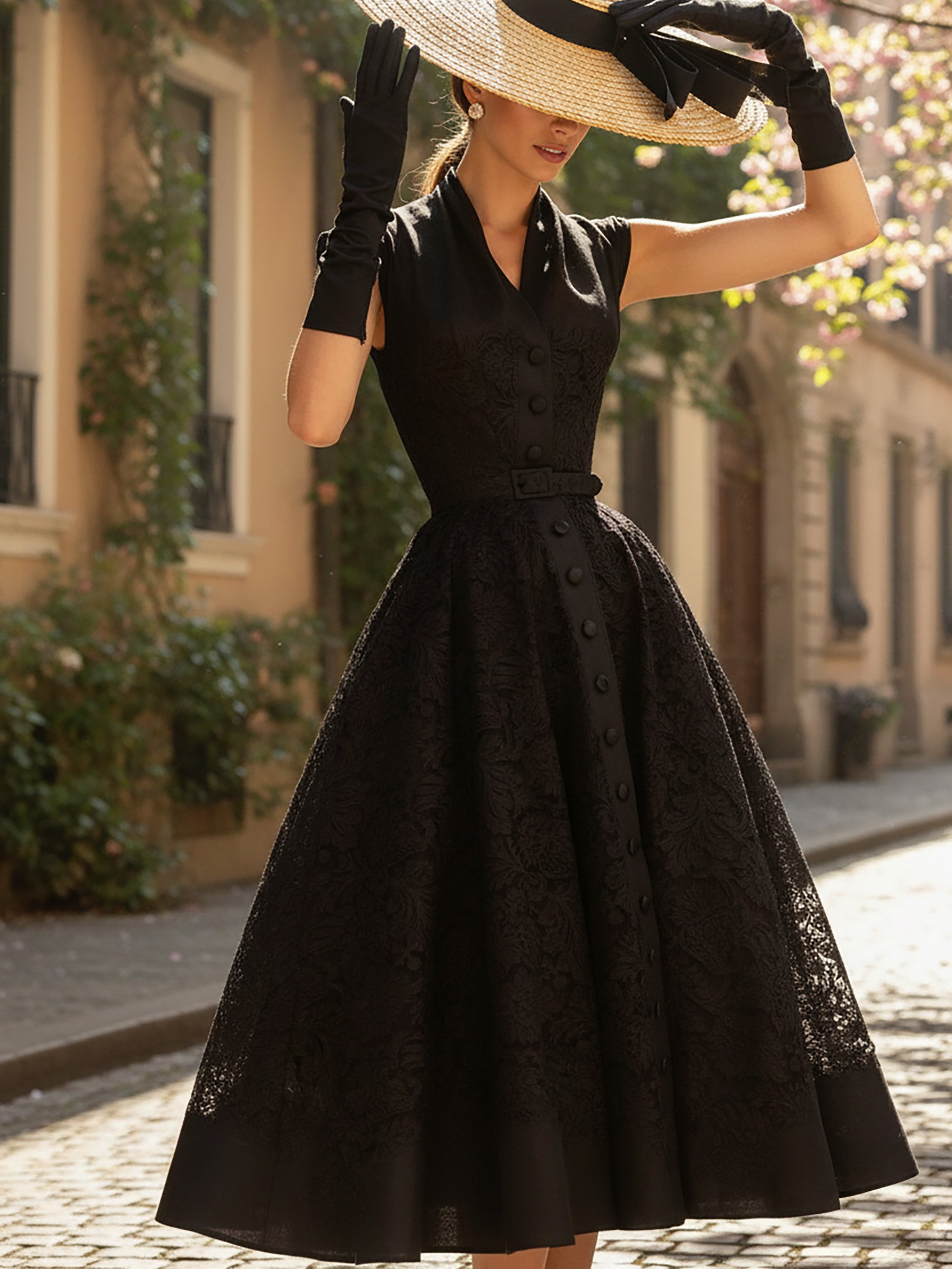 Lace Trim Linen Midi Dress with Buttons Black