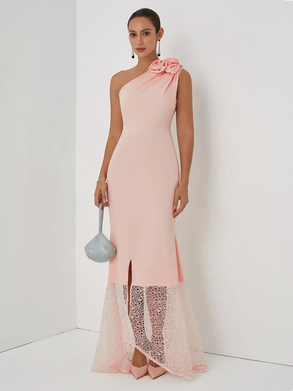 Pink 3D Floral Lace Classic One Shoulder Sleeveless Mermaid Gown Dress