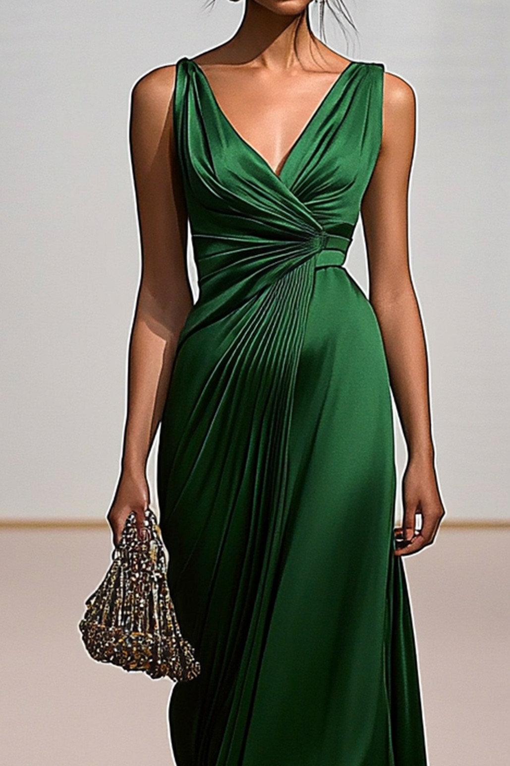 Deep V Formal Dress Green Pleating Maxi Dress Mother of the Bride Dress