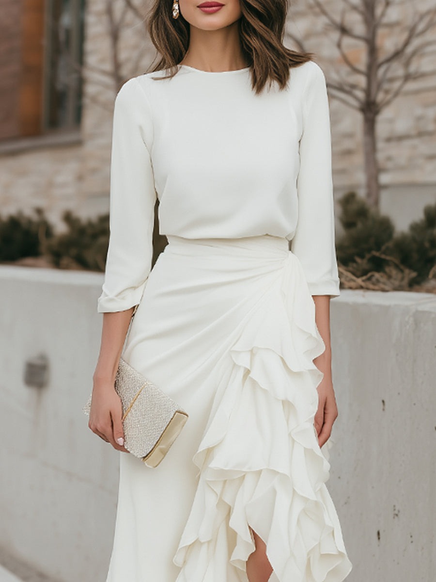 White Long Sleeve Round Neck Top And Asymmetrical Ruffle Skirt Set