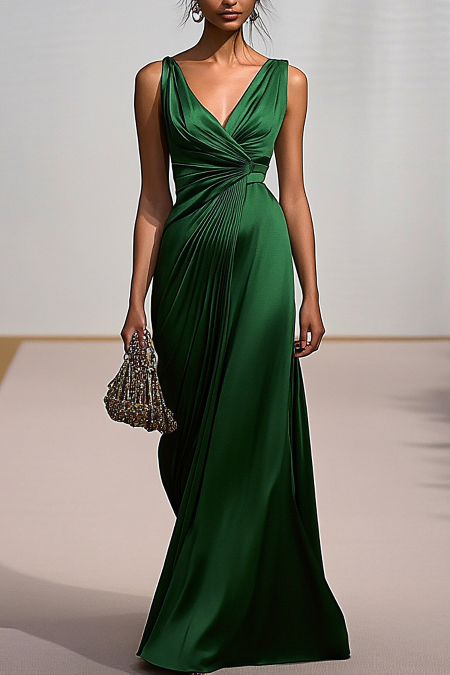 Deep V Formal Dress Green Pleating Maxi Dress Mother of the Bride Dress