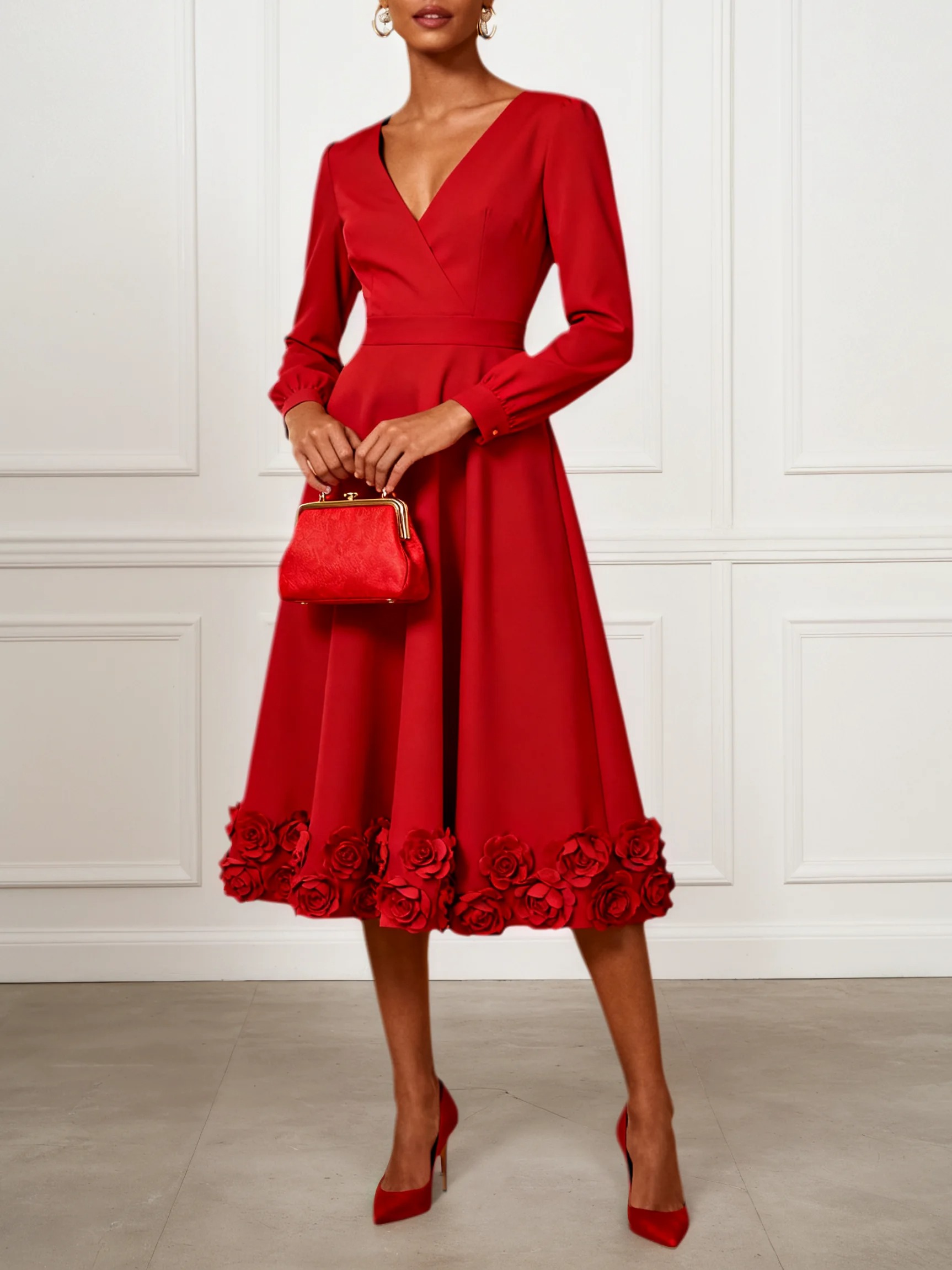 Red 3D Floral Classic V Neck Long Sleeve A-Line Midi Dress