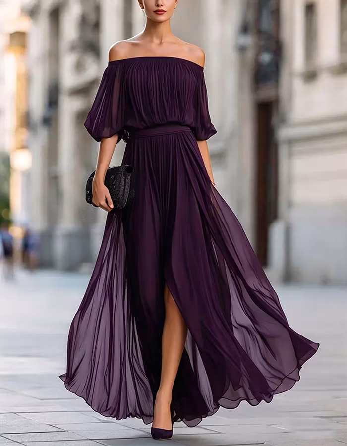Black Off Shoulder Chiffon Slit Maxi Dress