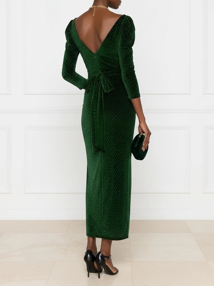 Green Hot Drilling Velvet V Neck Three Quarter Sleeve Puff Sleeve Sheath Maxi Dress