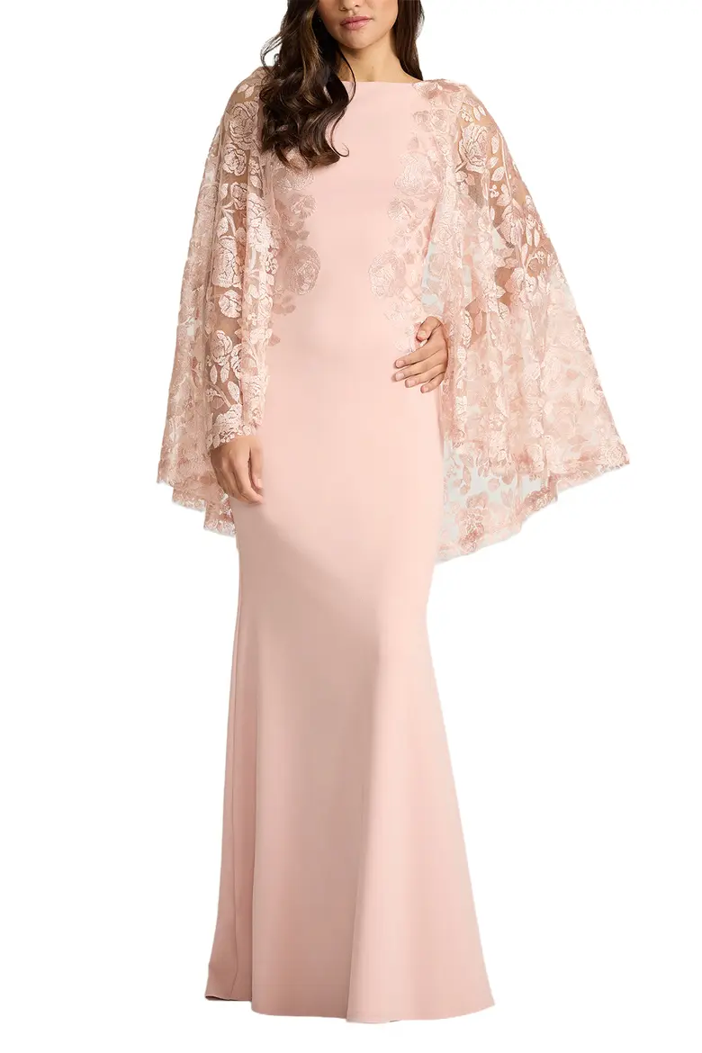 Bateau Neck Lace Cape Overlay Evening Gown