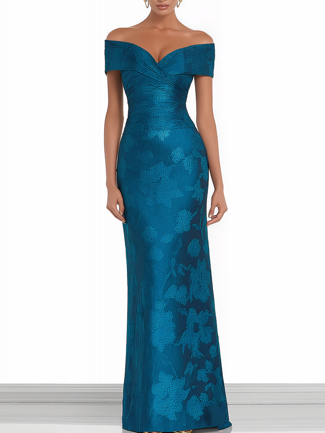Blue Jacquard Floral Satin Off The Shoulder Sleeveless Sheath Maxi Dress