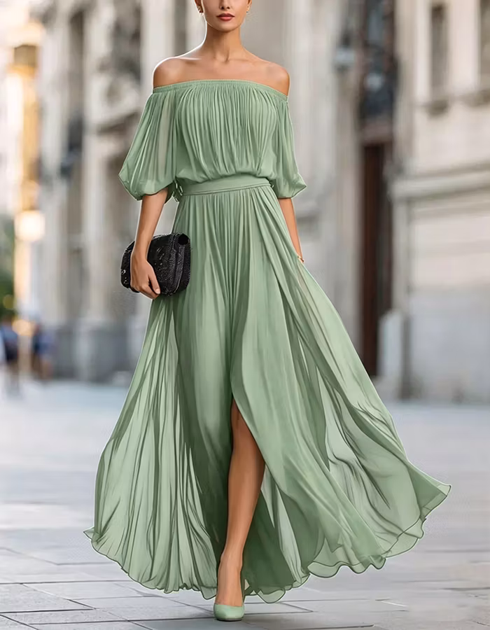 Black Off Shoulder Chiffon Slit Maxi Dress